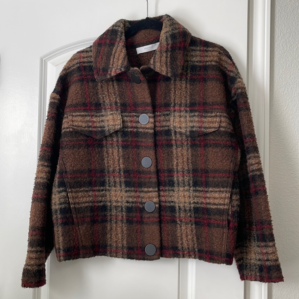 MANGO Brown Plaid Wool Cropped Jacket